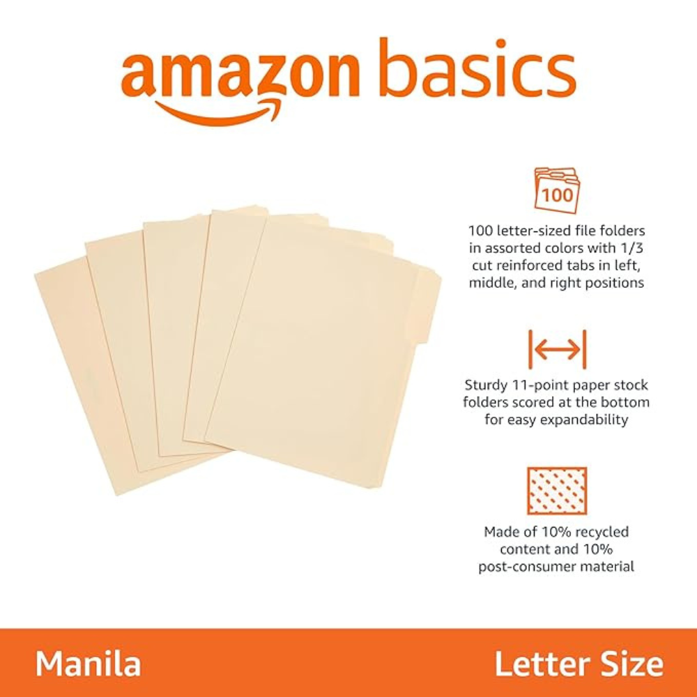 Amazon Basics 1/3-Cut Tab, Assorted Positions File Folders